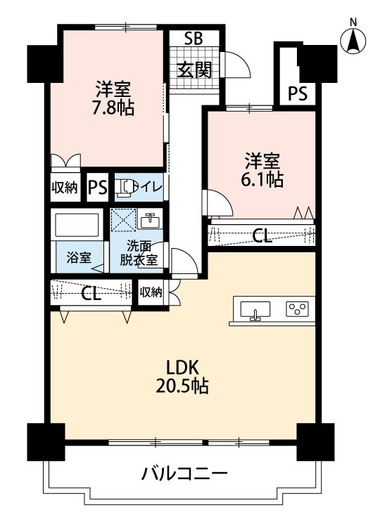 全居室6帖以上、LDKは広々20.5帖とゆとりの2LDK。