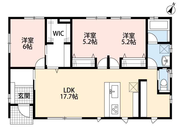 間取図 各居室収納付きで、収納豊富な間取りで室内もスッキリ快適。