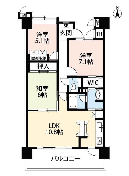 WICやトランクルームも付いた収納豊富な3LDKの間取り。