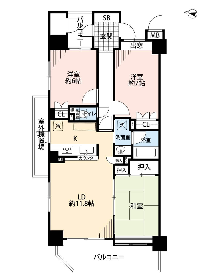 最上階角部屋。約11.8帖のLDK＋和室で広々快適。全居室収納付き、使いやすい3LDKの間取りです。